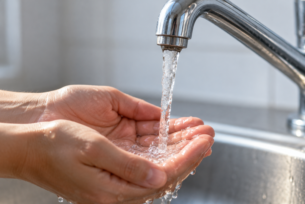 Cupped Hands Under Flowing Tap Water