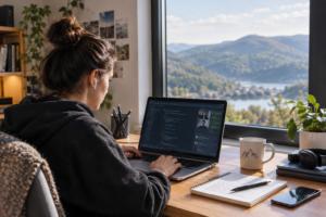 Remote work with a mountain view