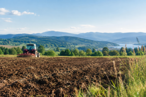 Sunlit Countryside with Tractor and Mountains